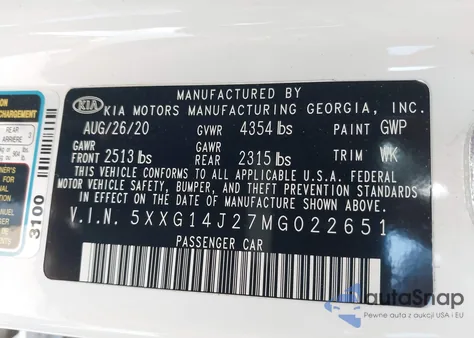 2021 Kia K5 Lxs из США, поврежденный, VIN 5XXG14J27MG022651